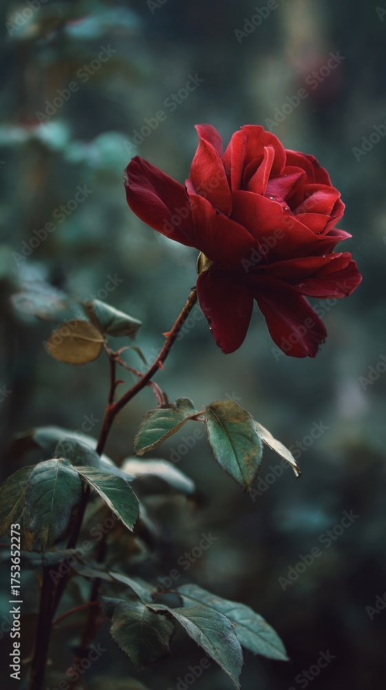 Obraz premium Vibrant red rose blooming in a lush green garden during a sunny afternoon