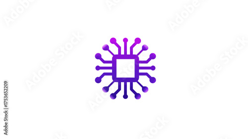 Abstract purple and pink gradient microchip icon for AI, data processing, and advanced technology concept on white background.