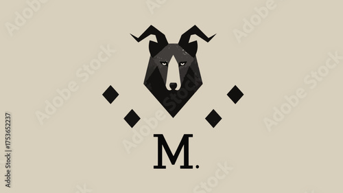 Modern Geometric Horned Animal Head Illustration with Initial Letter M and Diamond Shapes on Neutral Background