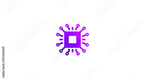 Gradient purple microchip icon, digital processor symbol. Technology, computing, electronic data processing, AI, and IT concept graphic.