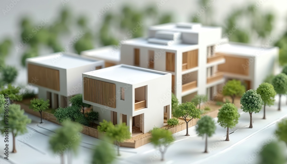 Fototapeta premium Miniature architectural model of modern residential buildings with white, wooden facade in urban setting. Houses surrounded by trees, green plants in eco-friendly community. Sustainable housing