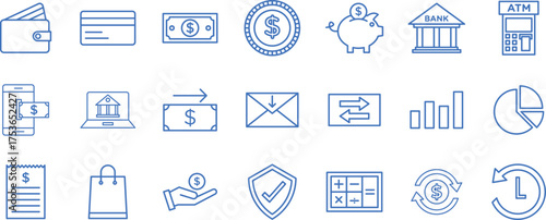 Clean blue stroke finance icon set in EPS format with no background, including wallet, card, money, bank, payment, chart, security, shopping, transfer, and savings for business and fintech design.