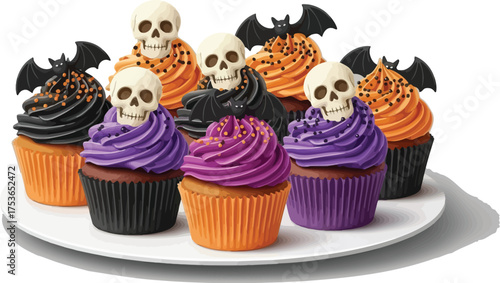 Vector art of halloween cupcakes with spooky skull and bat decorations