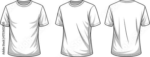 Basic crew neck short sleeve t-shirt front, side, and back technical flat sketch for apparel design and fashion CAD drawing