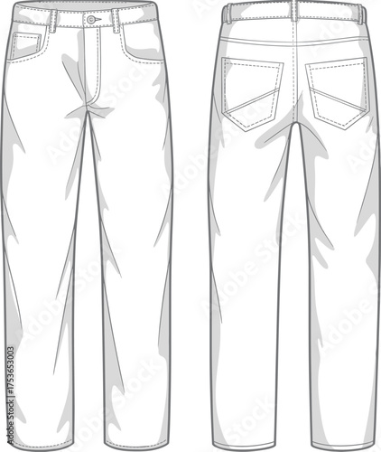Basic men’s jeans flat sketch with front and back view, vector CAD drawing for fashion design, denim pants template illustration