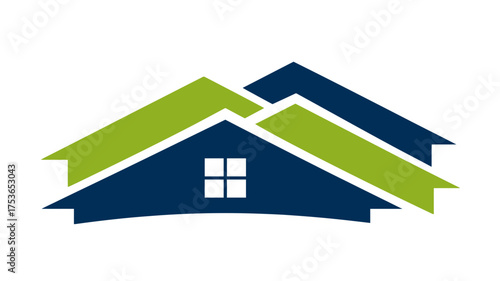 Stylish blue and green house logo design. Modern real estate, home ownership, property development, or housing community concept graphic.