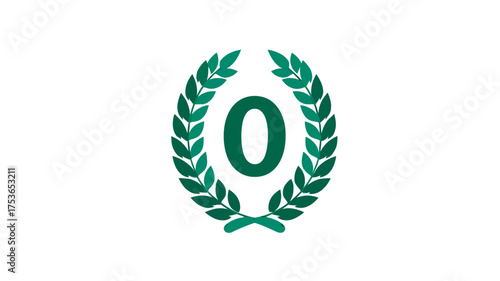 Green laurel wreath surrounding number zero on white background, symbolizing achievement, ranking, or a starting point for success.