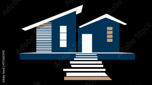 Modern Geometric House Design Illustration with Steps and Blue Accents on Black Background, Architectural Concept