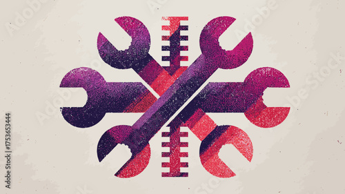 Abstract geometric illustration of crossed wrenches and ruler elements with grunge texture. Engineering, mechanics, settings, repair, maintenance concept.