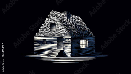 Isolated wooden house glows with warm light in the deep darkness, creating a sense of solitude, comfort, and mystery at night.