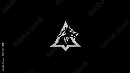 Stylized wolf head in a sharp geometric triangle logo on a black background. Modern abstract design representing power, strength, and wildness.