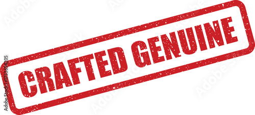 Textured red stamp illustration showcasing Crafted Genuine within a rectangular outline, featuring a distinctive grunge appearance