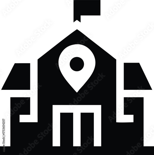 School building silhouette vector icon with location pin – simple, bold, perfect for education maps, apps, and academic navigation designs