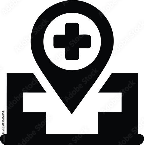Flat hospital silhouette vector icon with medical cross and location pin in center