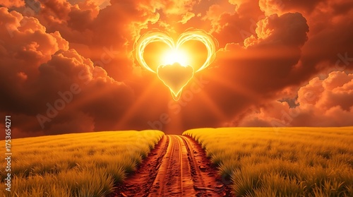 Golden heart shaped sun shining over a path through a wheat field