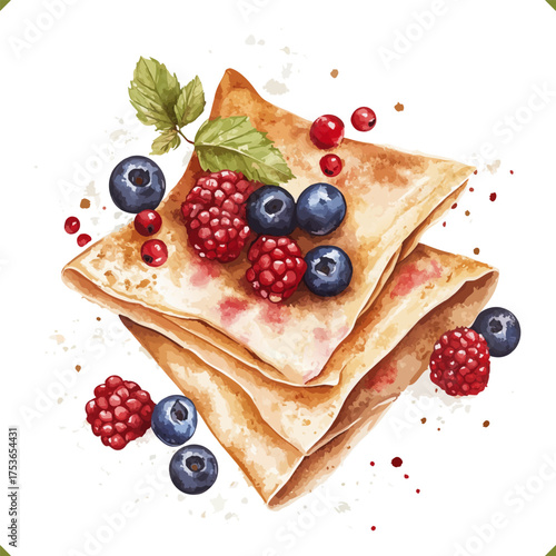 Vector illustration of folded crepes stacked in a pile with crumbs and berries, isolated on a white background