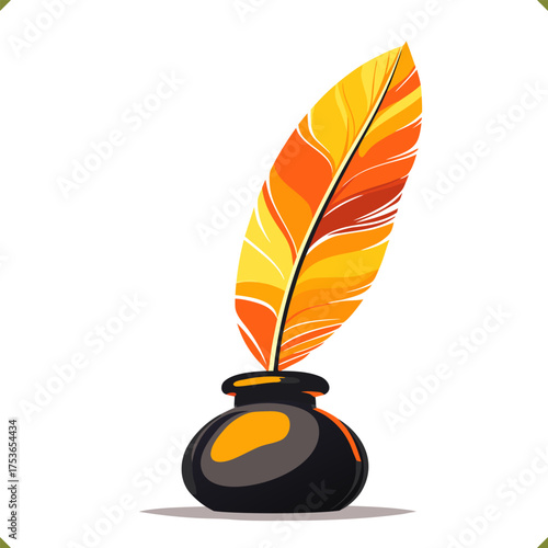 Vector illustration of feather yellow pen in glass inkwell with liquid ink, isolated on a white background