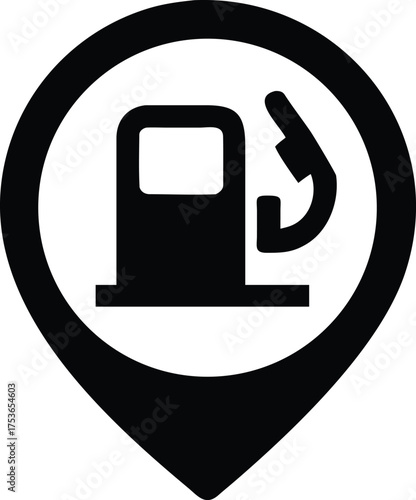 Gas station location pin silhouette vector icon on white background – perfect for fuel maps, travel apps, navigation, and automotive designs