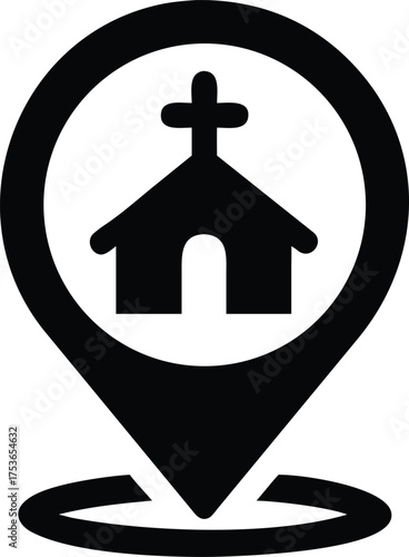 Church location pin silhouette vector icon on white background – ideal for religious maps, community apps, navigation, and faith-based designs