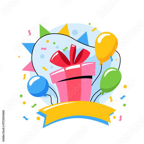 Vibrant gift box with balloons and confetti, perfect for celebration-themed designs or giveaways.