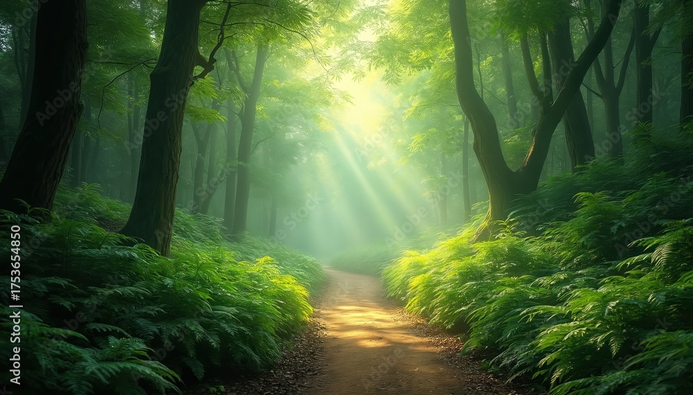 Obraz premium Sunlit forest path winds through lush green ferns and tall trees. Bright sunbeams create a magical, peaceful atmosphere. Nature trail invites exploration into a verdant woodland wonderland.
