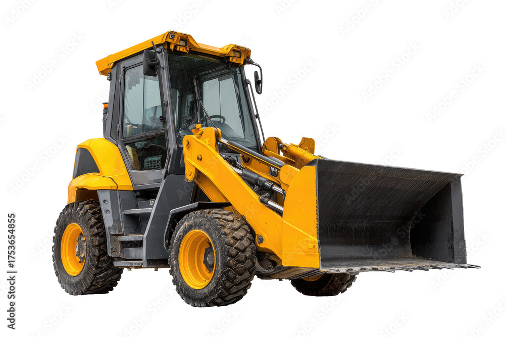 Fototapeta premium Yellow and black construction vehicle, angled view