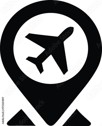 Airport location pin silhouette vector icon on white background – perfect for travel maps, flight apps, navigation, and airport signage designs