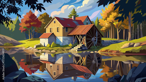 Very beautiful historic Yates Grist Mill reflecting in Yates Mill Pond, Raleigh, North Carolina, USA, surrounded by lush greenery, calm water, and a serene landscape showcasing timeless architecture a
