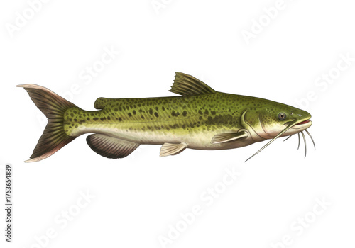 Isolated, illustration of a green bullhead catfish fish in freshwater for bait fishing