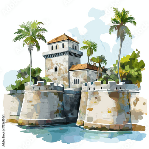 Castillo de San Felipe. Castillo de San Felipe hand drawn watercolor illustration