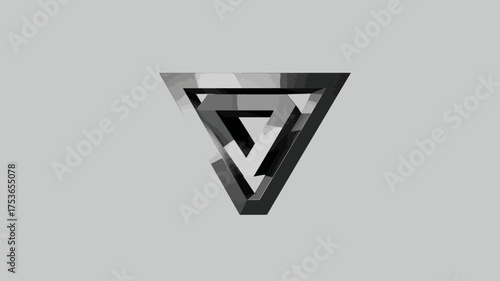 Conceptual gray impossible triangle optical illusion with geometric paradox, a minimalist 3D render on light background