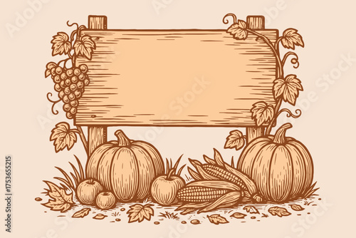 Pumpkins and grapes autumn wooden sign sketch vector illustration