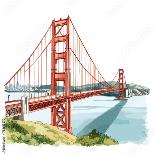 Golden Gate Bridge. Golden Gate Bridge hand drawn watercolor illustration