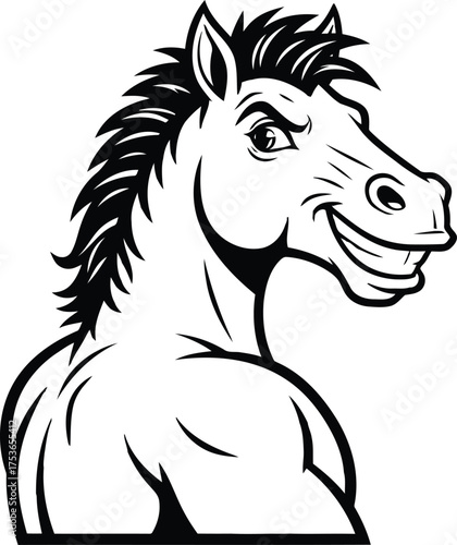 Black and white cartoon horse head with mane animal
