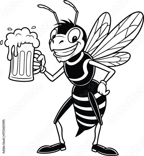 Cartoon bee holding a frothy beer mug insect animal