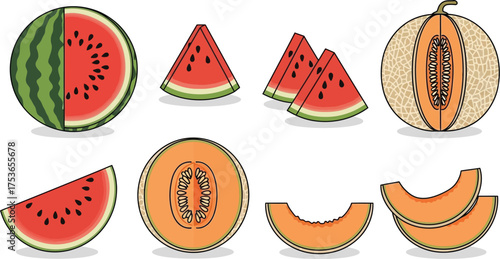 Vector art of collection of watermelon and cantaloupe slices and whole fruit