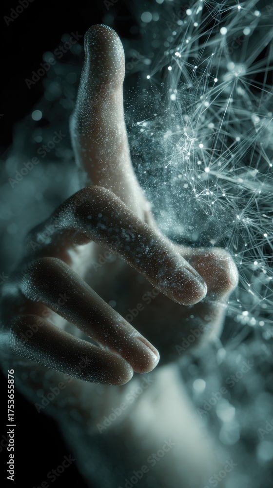 Fototapeta premium Digital hand gesture with abstract connections in a dark space showcasing creativity and modern technology