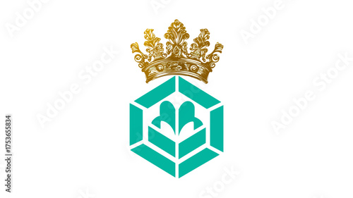 Elegant golden crown symbol atop a modern teal hexagonal graphic design with abstract organic elements, signifying luxury, quality, and premium status.