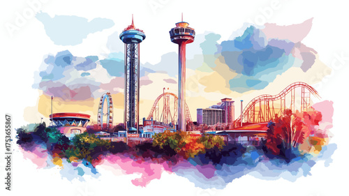 Six Flags Over Texas. Six Flags Over Texas hand drawn watercolor illustration