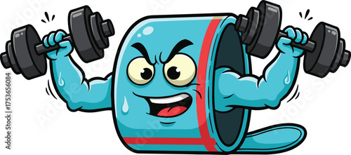 Cartoon Resistance Band Character Lifting Dumbbells in Energetic Vector Style Representing Strength Training, Workout Motivation, and Fitness Equipment for Health and Wellness Design