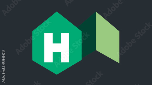 Abstract green geometric hexagon with a bold white letter H, creating a modern initial icon on a dark background, vector graphic design element.