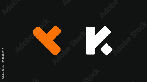 Modern abstract geometric shapes with orange downward arrow and white upward arrow symbols on dark background, digital design elements concept.