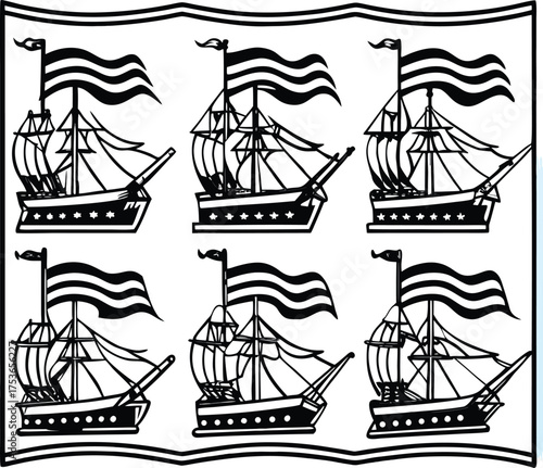 Black and white silhouette of sailing ships in a repeating pattern