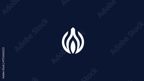Modern abstract white logo design resembling a flame, water drop, or plant bud on a deep navy blue background, minimalist graphic icon