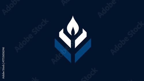 Modern abstract graphic design element, a minimalist white and blue icon with an upward flame or growing sprout shape on a dark blue background.