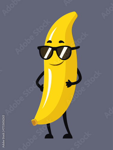 Confident cartoon banana character wearing black sunglasses standing with hands on hips vector illustration