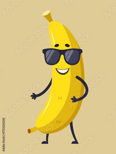 Cool cartoon banana character with sunglasses smiling and posing on beige background vector illustration