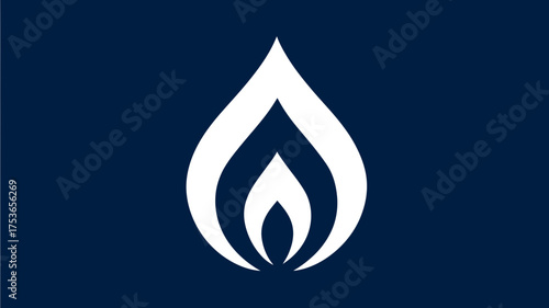 Modern White Flame Icon on Deep Blue, Symbolizing Natural Gas, Energy, Heat, Warmth, and Power.