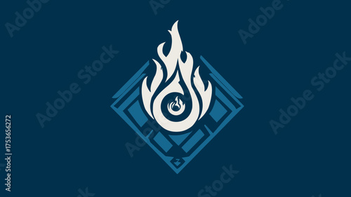 Abstract stylized flame icon graphic with swirling energy and ornamental diamond frame on dark blue background, vector illustration