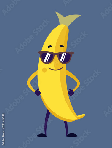 Playful cartoon banana character wearing sunglasses standing confidently with hands on hips on blue background